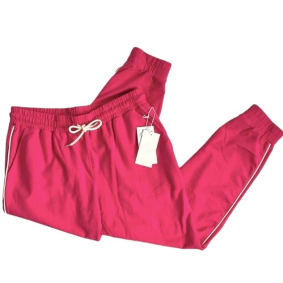 Johnny Was Pants - Johnny Was CALME Drawstring Track Pants Jogger in Hot Pink with White Piping